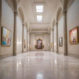 Anime style art museum interior with high ceilings, marble floors, and vibrant artworks displayed on the walls. Ambient light softens the room and adds a serene atmosphere.