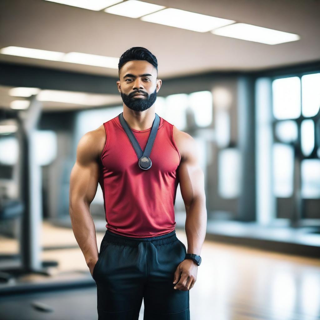 A male gym instructor standing alone in a modern gym