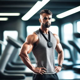 A male gym instructor standing alone in a modern gym