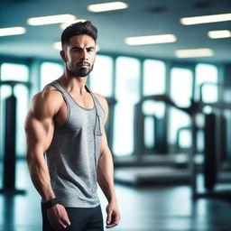 A male gym instructor standing alone in a modern gym