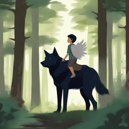 A majestic black wolf in a dense forest with a boy riding on its back