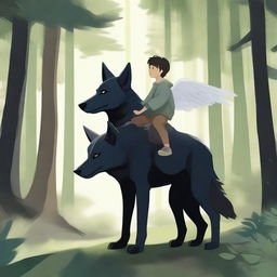 A majestic black wolf in a dense forest with a boy riding on its back