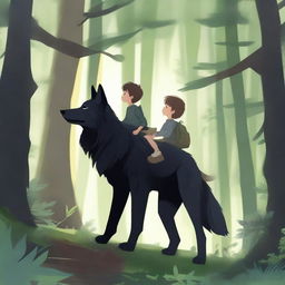 A majestic black wolf in a dense forest with a boy riding on its back