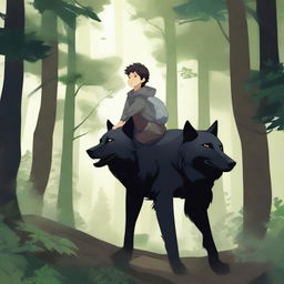 A majestic black wolf in a dense forest with a boy riding on its back