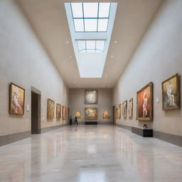 Anime style art museum interior with high ceilings, marble floors, and vibrant artworks displayed on the walls. Ambient light softens the room and adds a serene atmosphere.