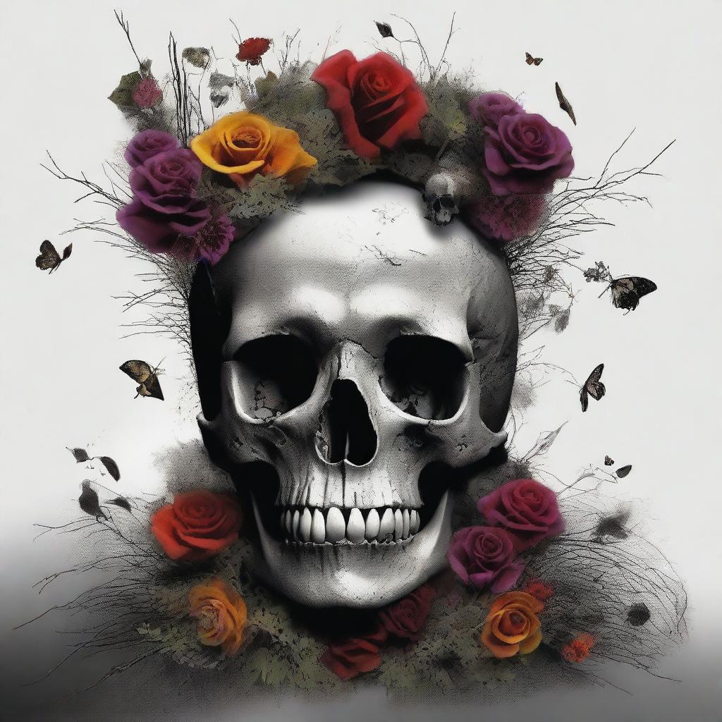 A symbolic representation of life and death, showcasing the contrast between vibrant, blooming nature and a dark, decaying environment