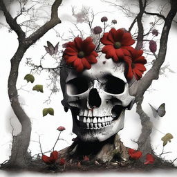 A symbolic representation of life and death, showcasing the contrast between vibrant, blooming nature and a dark, decaying environment