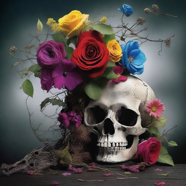 A symbolic representation of life and death, showcasing the contrast between vibrant, blooming nature and a dark, decaying environment