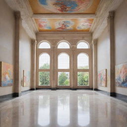 Anime style art museum interior with high ceilings, marble floors, and vibrant artworks displayed on the walls. Ambient light softens the room and adds a serene atmosphere.