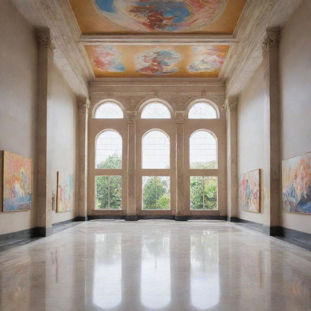 Anime style art museum interior with high ceilings, marble floors, and vibrant artworks displayed on the walls. Ambient light softens the room and adds a serene atmosphere.