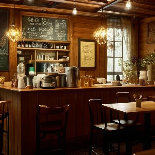 Charming cafe interior with wooden furniture, vintage decorations, cozy lighting, and a variety of hot beverages and pastries on display