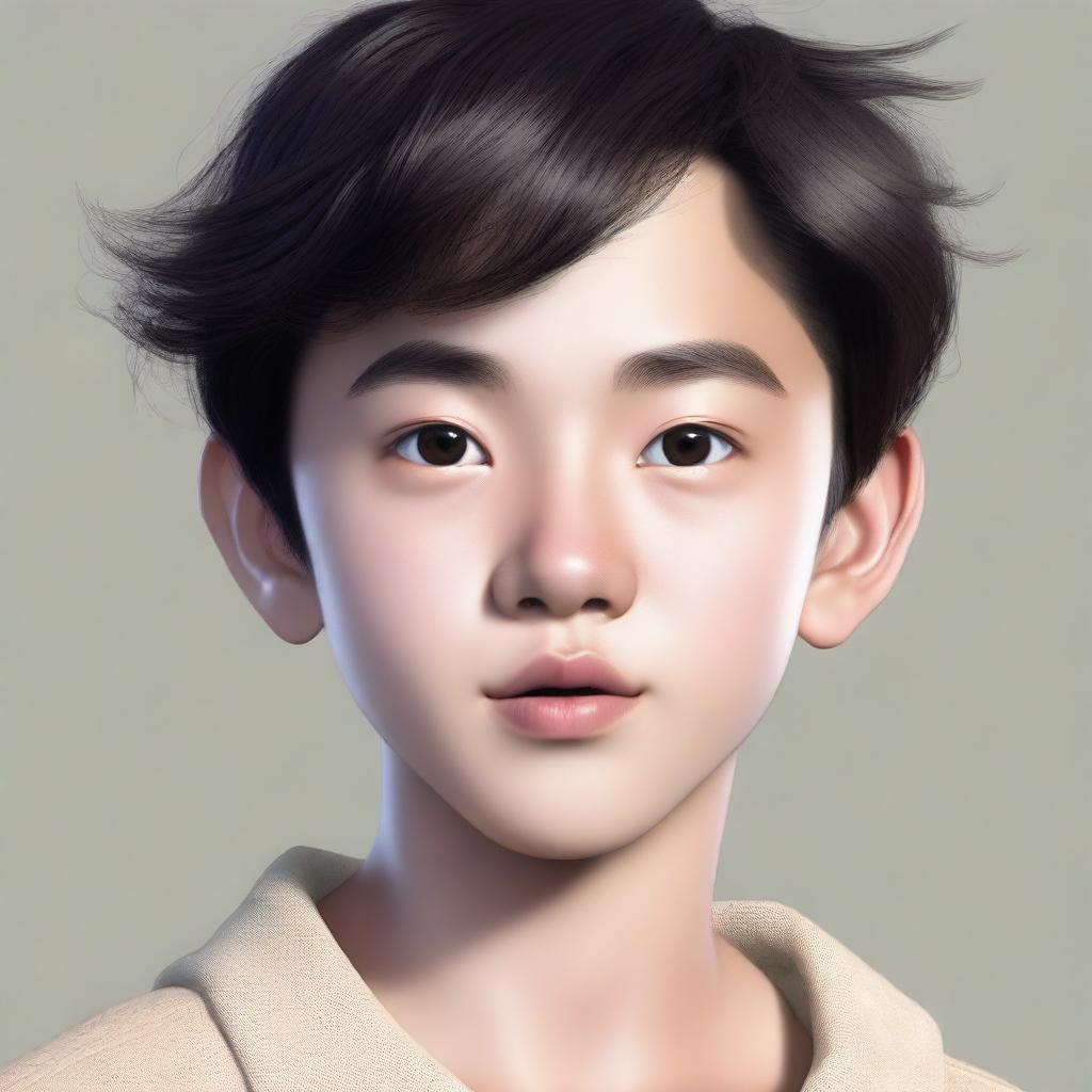 A portrait of an Asian boy with a slightly sharp nose, oval face shape, thick eyebrows, black hair, black eyes, and curled eyelashes