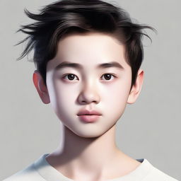 A portrait of an Asian boy with a slightly sharp nose, oval face shape, thick eyebrows, black hair, black eyes, and curled eyelashes