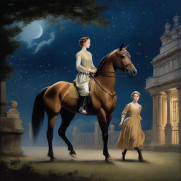 A young noblewoman is seen escaping with a stable hand and his horse during the night