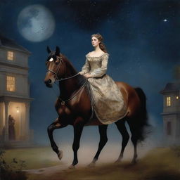 A young noblewoman is seen escaping with a stable hand and his horse during the night