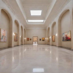 Anime style art museum interior with high ceilings, marble floors, and vibrant artworks displayed on the walls. Ambient light softens the room and adds a serene atmosphere.