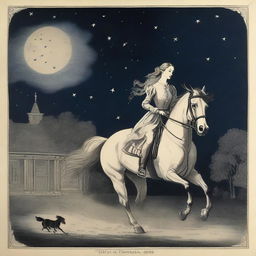 A young noblewoman is seen escaping with a stable hand and his horse during the night