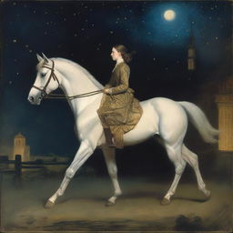 A young noblewoman is seen escaping with a stable hand and his horse during the night