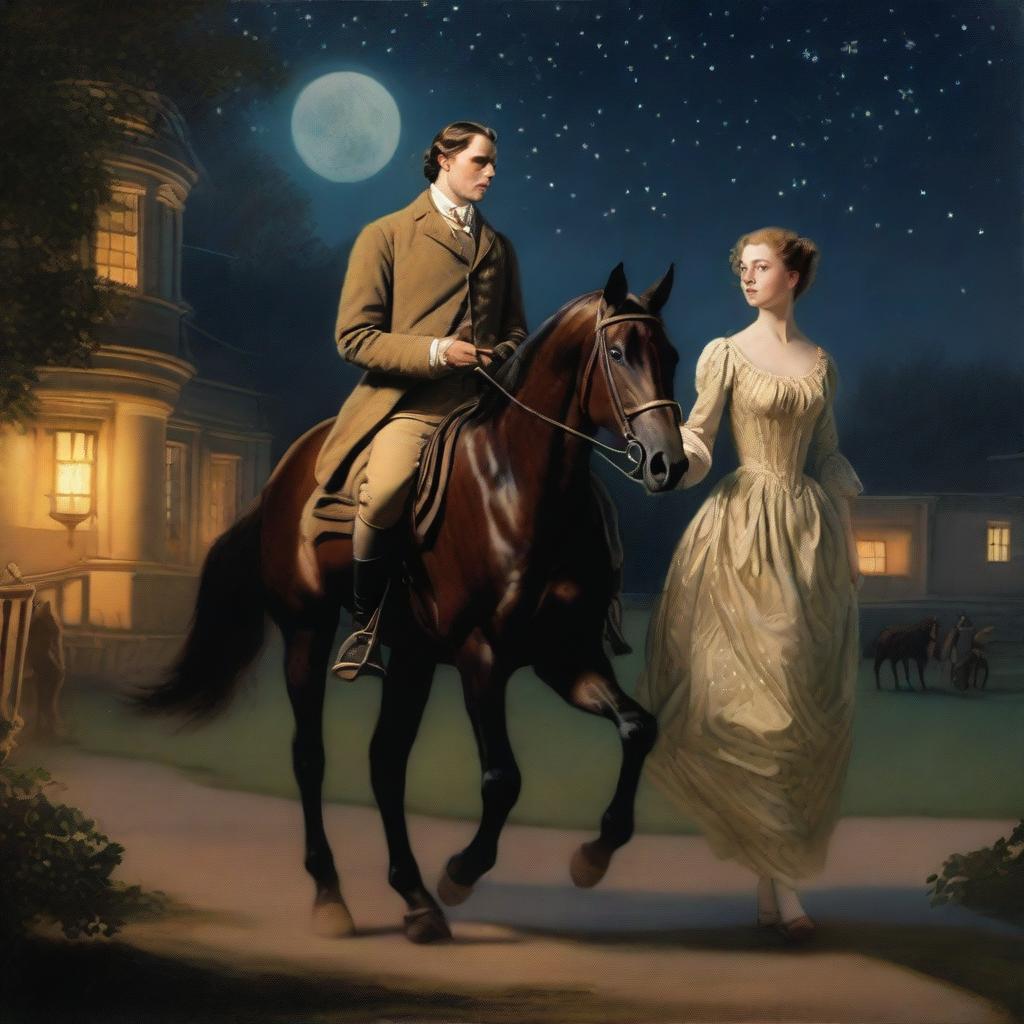 A young noblewoman is seen escaping with a poor stable hand and his horse during the night in a period romance setting