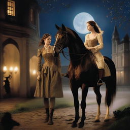 A young noblewoman is seen escaping with a poor stable hand and his horse during the night in a period romance setting