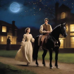 A young noblewoman is seen escaping with a poor stable hand and his horse during the night in a period romance setting