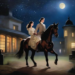 A young noblewoman is seen escaping with a poor stable hand and his horse during the night in a period romance setting