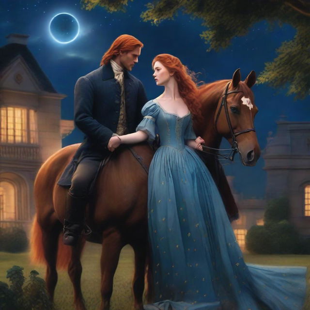 A young noblewoman with red hair and a shimmering blue dress is seen escaping with a poor stable hand and his horse during the night in a period romance setting