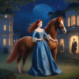 A young noblewoman with red hair and a shimmering blue dress is seen escaping with a poor stable hand and his horse during the night in a period romance setting