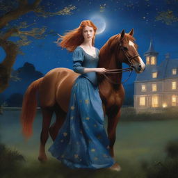 A young noblewoman with red hair and a shimmering blue dress is seen escaping with a poor stable hand and his horse during the night in a period romance setting