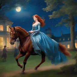 A young noblewoman with red hair and a shimmering blue dress is seen escaping with a poor stable hand and his horse during the night in a period romance setting