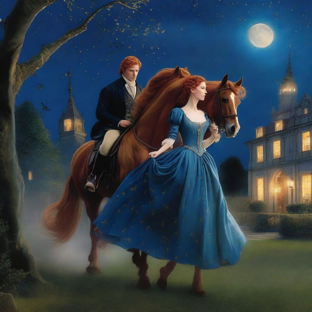 A young noblewoman with red hair and a shimmering blue dress is seen escaping with a handsome, poor stable hand and his horse during the night in a period romance setting