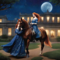 A young noblewoman with red hair and a shimmering blue dress is seen escaping with a handsome, poor stable hand and his horse during the night in a period romance setting