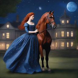 A young noblewoman with red hair and a shimmering blue dress is seen escaping with a handsome, poor stable hand and his horse during the night in a period romance setting