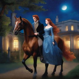 A young noblewoman with red hair and a shimmering blue dress is seen escaping with a handsome, poor stable hand and his horse during the night in a period romance setting