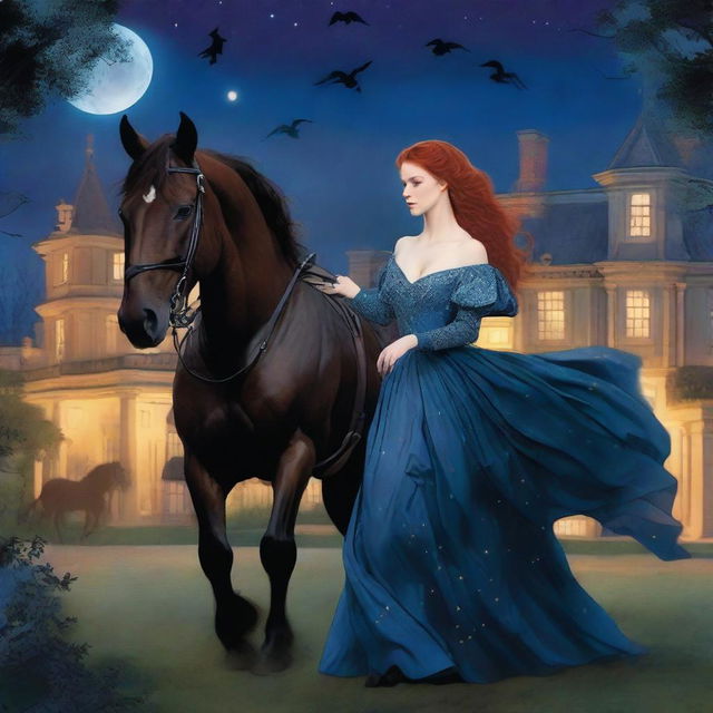 A young noblewoman with red hair and a shimmering blue dress is seen escaping with a handsome, poor stable hand with black hair and his horse during the night in a period romance setting