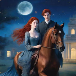 A young noblewoman with red hair and a shimmering blue dress is seen escaping with a handsome, poor stable hand with black hair and his horse during the night in a period romance setting