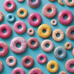 An assortment of vibrant, whimsically decorated donuts and cookies, each with its unique pattern and flavor.