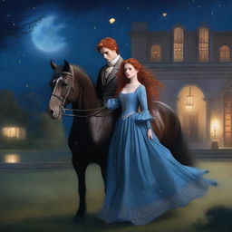 A young noblewoman with red hair and a shimmering blue dress is seen escaping with a handsome, poor stable hand with black hair and his horse during the night in a period romance setting