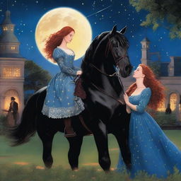 A young noblewoman with red hair and a shimmering blue dress is seen escaping with a handsome, poor stable hand with black hair and his horse during the night in a period romance setting