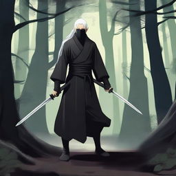 A lone, male, white-haired Eladrin Elf monk, dressed in an all-black ninja style outfit with a face mask and black wrist wraps