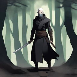 A lone, male, white-haired Eladrin Elf monk, dressed in an all-black ninja style outfit with a face mask and black wrist wraps