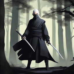 A lone, male, white-haired Eladrin Elf monk, dressed in an all-black ninja style outfit with a face mask and black wrist wraps