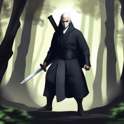 A lone, male, white-haired Eladrin Elf monk, dressed in an all-black ninja style outfit with a face mask and black wrist wraps