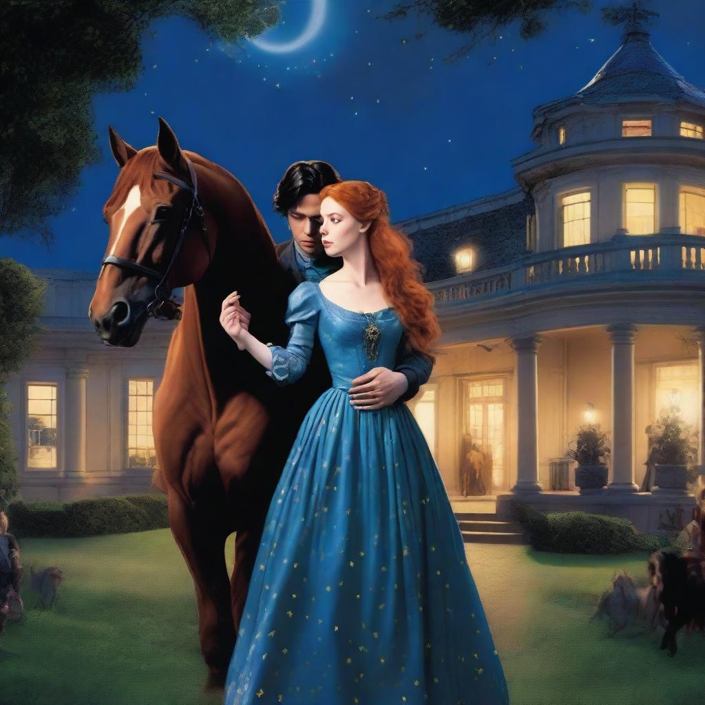 A young noblewoman with red hair and a shimmering blue dress is seen escaping with a handsome, poor stable hand with black hair and his horse during the night