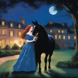 A young noblewoman with red hair and a shimmering blue dress is seen escaping with a handsome, poor stable hand with black hair and his horse during the night