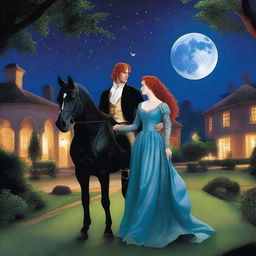 A young noblewoman with red hair and a shimmering blue dress is seen escaping with a handsome, poor stable hand with black hair and his horse during the night