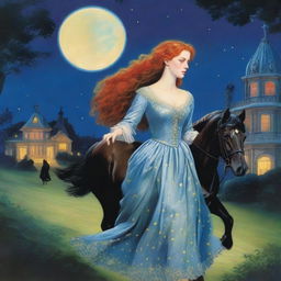 A young noblewoman with red hair and a shimmering blue dress is seen escaping with a handsome, poor stable hand with black hair and his horse during the night