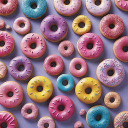 An assortment of vibrant, whimsically decorated donuts and cookies, each with its unique pattern and flavor.