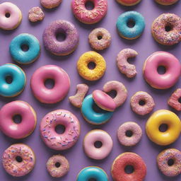 An assortment of vibrant, whimsically decorated donuts and cookies, each with its unique pattern and flavor.