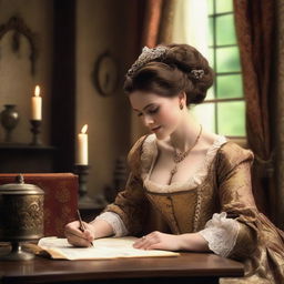 A historical romance scene featuring a noblewoman writing her story